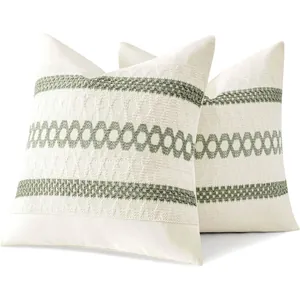 Bohemian cream throw pillow covers with sage green woven geometric embroidery, set of 2