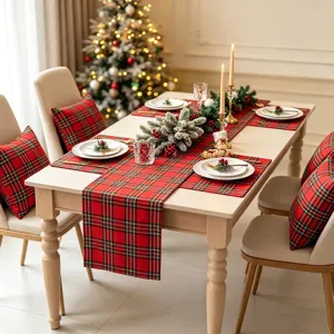 Chemin de Table Noël à Carreaux Rouges Polyester Rétro Américain Nappe Décoration de Table de Fête Noël