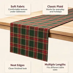 Chemin de table de Noël à carreaux rouge et vert avec texture en tissu brossé doux
