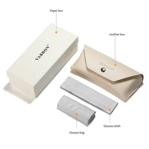 Premium sunglasses packaging set including leather case, paper box, and cleaning cloth