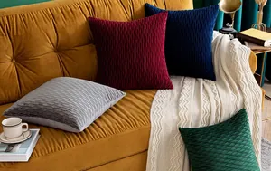 Detailed texture of colorful velvet pleated stripe pillowcases on a luxury sofa