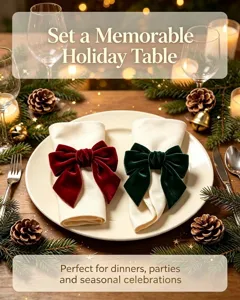 Red and green velvet bow napkin rings for elegant Christmas holiday table setting decor