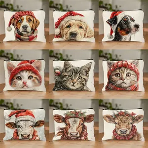 Christmas Animal Makeup Bag Cute Dog Cat Pattern Polyester Cosmetic Pouch Portable Travel Storage Bag For Women Student Gift