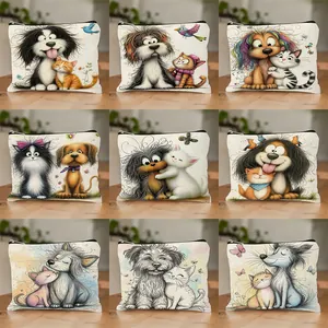 Collection of linen makeup pouches featuring various cute cartoon dog and cat designs