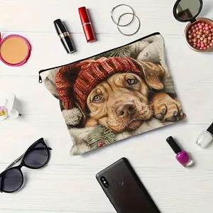 Cute puppy wearing a red knit hat printed on a makeup storage pouch with cosmetics