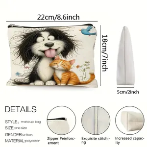 Linen makeup bag with cartoon cat dog print, showcasing 22x18x5cm dimensions and details