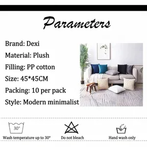 Technical specifications and washing instructions for soft plush velvet cushion covers.