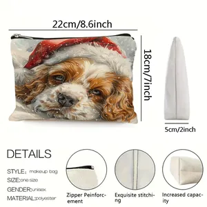 Christmas puppy dog printed makeup bag with dimensions 22x18x5cm and zipper details