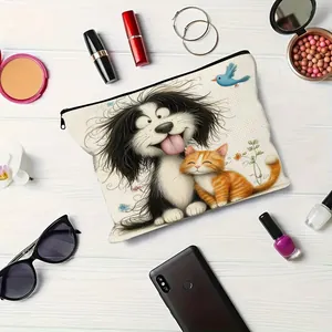 Macro detail of linen makeup bag featuring cute cartoon dog and cat print with black zipper.