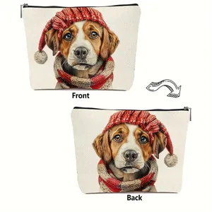 Front and back views of a cute Christmas dog printed canvas makeup storage bag