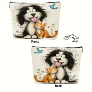 Front and back detail of a linen makeup bag featuring cute cat and dog illustrations