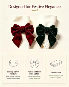 Detail view of velvet Christmas bow napkin rings showing luxury texture and features.