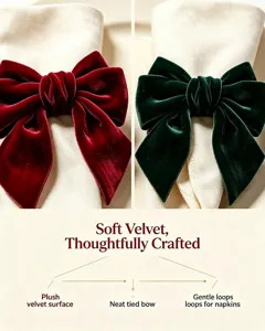 Detail of soft velvet bow napkin rings showing plush surface and neat craftsmanship