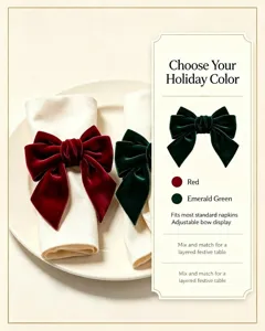 Red and emerald green velvet bow napkin rings for elegant Christmas holiday table decor