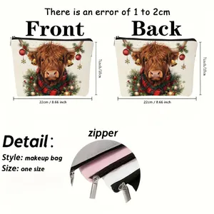 Christmas Highland cow linen makeup bag with dimensions 22x18cm and zipper detail