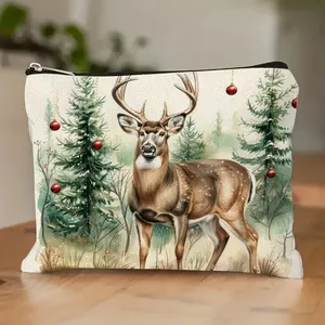 Festliche Leinen-Kosmetiktasche mit Aquarell-Weihnachtshirsch-Druck und Reißverschluss.