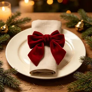 Detailed macro shot of a plush red velvet bow napkin ring for Christmas decor