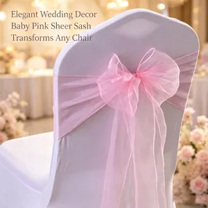 Elegant baby pink organza chair sash with bow for wedding and banquet decoration