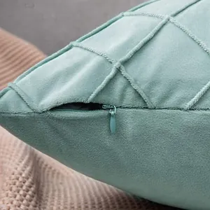 Premium mint green velvet pillowcase featuring geometric pattern and hidden zipper detail