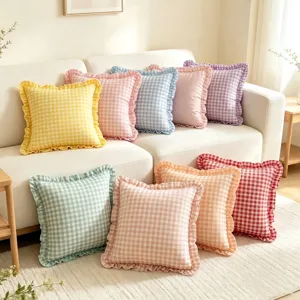 American Vintage Cotton Gingham Cushion Cover Ruffled Edge Square Plaid Throw Pillow Case For Sofa Living Room Bedroom Decor