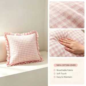 Retro pink gingham throw pillow cover with elegant ruffled edges for sofa