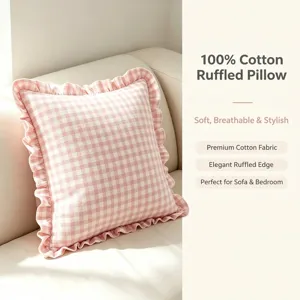 American vintage pink gingham ruffled pillow cover for sofa and bedroom decoration