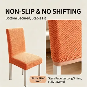 Orange textured stretch jacquard dining chair cover with elastic bottom details