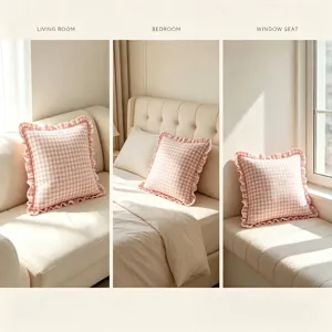 Vintage American style pink gingham ruffled cushion cover for sofa and bedroom decor