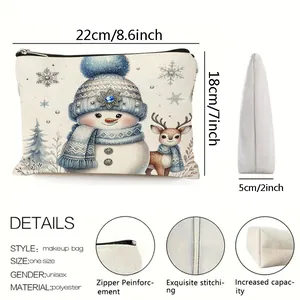 Borsa trucco natalizia con pupazzo di neve, dimensioni 22x18x5cm, dettagli materiale poliestere