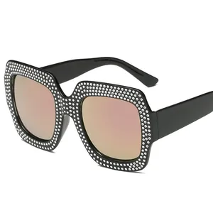 Gafas de sol cuadradas oversize con diamantes y lentes de espejo oro rosa UV400.