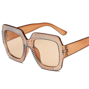 Gafas de sol cuadradas oversize con diamantes de imitación y lentes marrones anti-UV