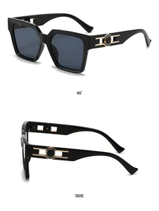 Detailed macro views of black square sunglasses showing the 45-degree and side profile design