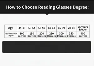 Reading glasses strength guide chart showing diopter recommendations by age brackets.