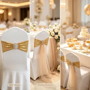 Elegante goldene Pailletten-Stuhlschleifen mit Strassschnalle für Hochzeitsbankette