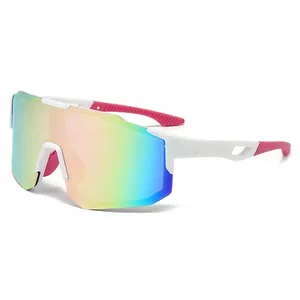 White sports cycling sunglasses with iridescent lenses and pink accents for outdoor