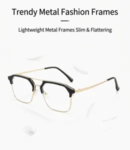 Nahaufnahme einer halbrandlosen Doppelsteg-Brille mit elegantem Metallrahmen in Schwarz und Gold
