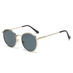 Lunettes de soleil ovales rétro avec monture en métal doré et verres foncés.