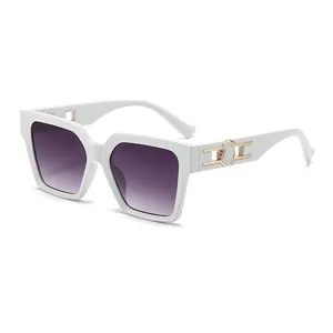 Trendy oversized white square sunglasses with purple gradient lenses and gold accents