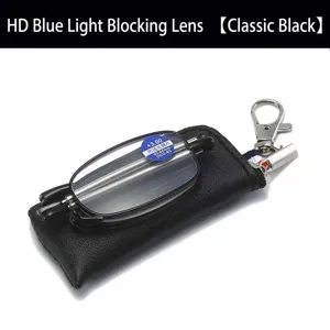 Compact folding blue light blocking reading glasses for men with black leather case
