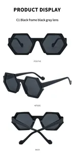 Three views of black hexagonal sunglasses showing front, side, and back angles
