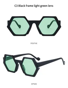 Fashionable hexagonal sunglasses with black frames and light green lenses, multi-angle view