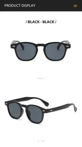 Detailed view showing front and 45-degree side angles of black retro round frame sunglasses