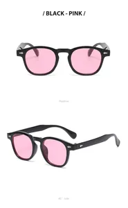 Retro round sunglasses with pink lenses and black frame showing front and side views