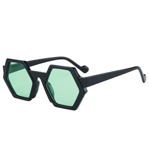 Fashionable black hexagonal sunglasses with transparent green lenses for men and women