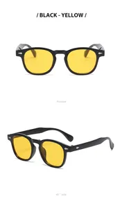 Front and 45-degree side view of retro round black sunglasses with yellow lenses