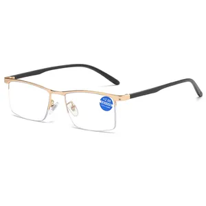 Premium men's business half-rim anti-blue light reading glasses with gold metal frames