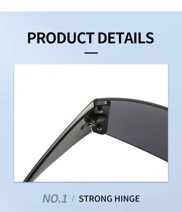 Close-up detail shot of the sturdy metal hinge on black Y2K futuristic sunglasses