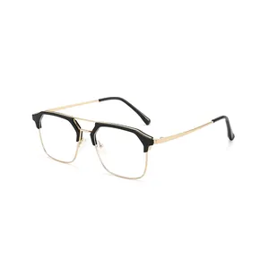 Montura de gafas de media montura ultraligera con doble puente en negro y acabado dorado