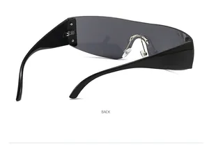Detailed back view of Y2K futuristic rimless shield sunglasses with grey tinted lenses