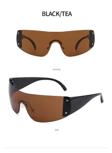 Detailed view of futuristic Y2K rimless sunglasses with star accents in black and tea color